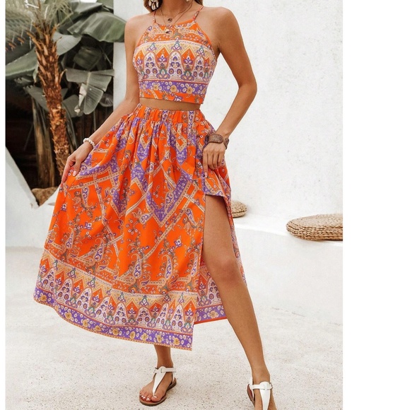 Boho Floral Print Tie Back Cropped Cami Top Skirt Set - Picture 5 of 5